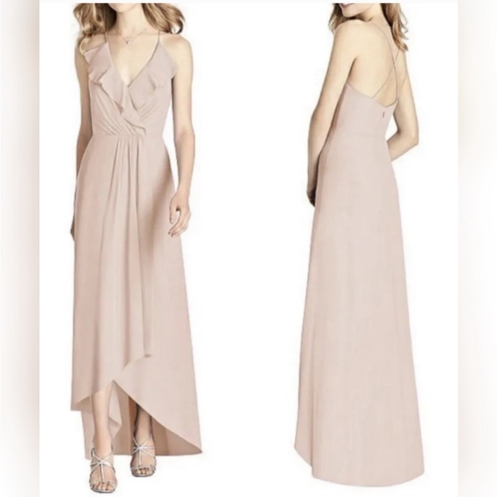 New! JENNY PACKHAM Ruffled‎ Chiffon High-Low Gown size 2 Cameo/Pink
